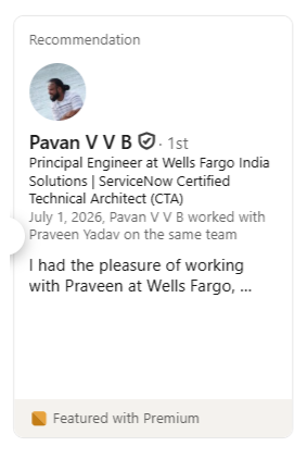 LinkedIn recommendation from Pavan V V B, Principal Engineer at Wells Fargo India Solutions: &ldquo;I had the pleasure of working with Praveen at Wells Fargo,&hellip;&rdquo;
